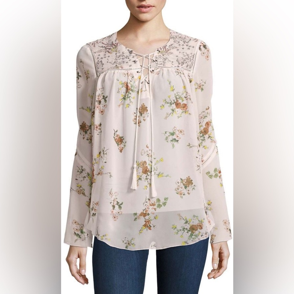 i jeans by Buffalo Long Sleeve Floral Lace Up Peasant Top XL